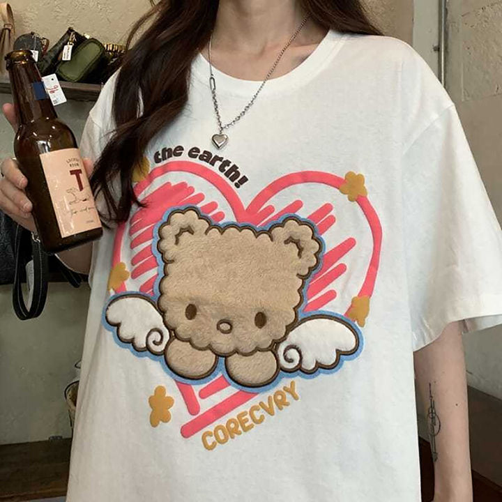 shenghao-เสื้อยืดคอกลมแขนสั้นพิมพ์ลายการ์ตูนหมีสำหรับผู้หญิงทรงหลวมลำลอง