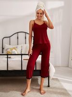 【jw】☒☢  Womens Set Hem Sleepwear V Neck Sling Top   Capris Pants Nightwear 2 Pieces