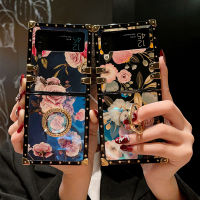 เคสโทรศัพท์สี่เหลี่ยมหมุดย้ำทองคำลายดอกไม้ย้อนยุคสำหรับ Samsung Galaxy Z Flip 4 3 5G ตัวยึดแหวนพลอยเทียมระยิบระยับเคสลายดอกไม้สีฟ้า SiChuanZhiChengMao