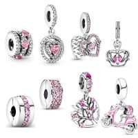Silver 925 Pink Pavé Clip Family Tree Halo Hearts Scooter Dangle Bead Charm Fit Original Pandora Bracelet Jewelry For Women