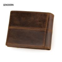 GENODERN Patchwork Style Cow Leather Male Purse Short Wallet For Men Genuine Leather Wallets Brown Male Purses Men Wallets