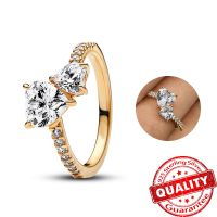 Luxury 14K Gold Double Heart Sparkling Diamond Ring Princess Crown Rings Women Wedding Ring Fine Jewelry Party Gift