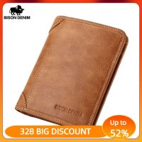 ZZOOI BISON DENIM Genuine Leather Wallet Vintage yellow Mens purse Cards Holder Soft Leather men purses Short Men Wallet W4361