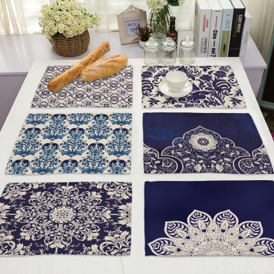【LZ】✠☏  1Pcs Placemat Blue and white porcelain Pattern Dining Table Mat ins Tea Coaster Cotton Linen Pad Cup Mats 42x32cm Home Decor