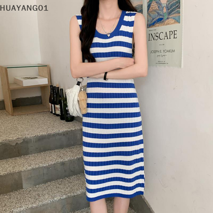 huayang01-2023-new-hot-fashion-lazlook-2023-womens-wear-ใหม่สไตล์เกาหลี-round-neck-contrast-สีลายแขนกุด-casual-dress-midi-fashion-summer-holiday-daily-dress