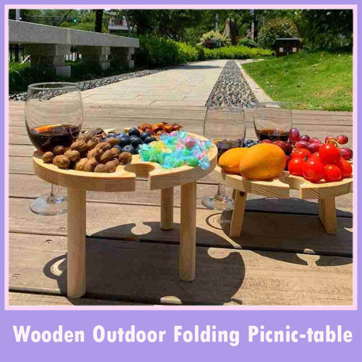 Wooden Outdoor Folding Picnictable With Glass Holder 2 In 1 Wine Glass