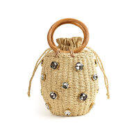 Summer Round Rattan Handmade diamond Pearl Bag Bohemian Straw Bag Bucket Knitting Shoulder Crossbody Bead Beach Bag Holiday Tote