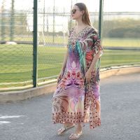 ；【‘；- Summer Muslim Robe  V-Neck Abaya Casual Loose Beach Smock Bat Bikini Cover-Ups Sunscreen Sun Protection Shirt Kimono Dress