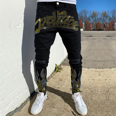 【CW】Mens Black Hot Drilling Jeans High Quality Skinny Holes Stretch Denim Pencil Pants Street Punk Slim Fit Biker Mens Pants New