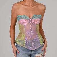 Karlofe ใหม่ Patchwork สีเสื้อกั๊ก Underwired เบาะ Bustier Tube ถัง Lady แขนกุดเซ็กซี่ดูผ่าน Sheer Lace Corset Tops