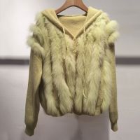 ๑✹☁ jfmkfmdm Casaco de malha com capuz Real Fur para mulheres cardigã solto manga comprida listra natural pele jaqueta feminina moda