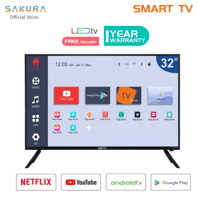 (ใหม่)  YouTube/WIFISAKURA สมาร์ททีวีหน้าจอ 32 นิ้วหน้าจอ SMART TV LED รองรับความละเอียด HD สามารถเชื่อมต่อกับอินเทอร์เน็ต