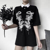 Rosetic School Gothic Shirt Women Japaneses Style Chic Tie Black Shirts 2020 Streetwear Harajuku Girl Summer Tops Dragon Printed