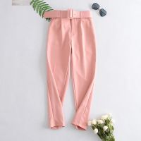 New Womens yellow Suit Pant Trousers with belt high waist solid office lady Pants Female zora purple Pants Streetwear pink Pants