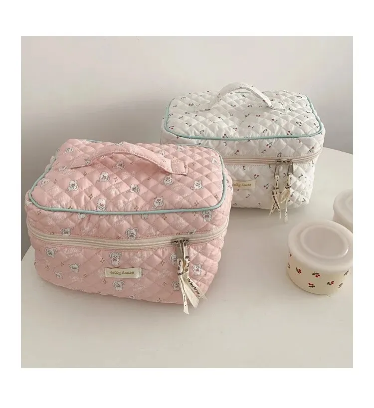 Cute Quilting Cotton Makeup Bag Women Zipper Cosmetic Organizer Female  Cloth Handbag Box Shape Portable Toiletry