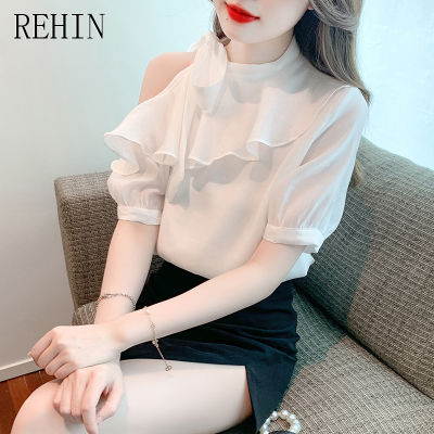REHIN เสื้อสไตล์เกาหลีแบบใหม่คอกลมแขนสั้นผู้หญิง,เสื้อลำลองเสื้อชีฟองเสื้อสวมศีรษะสีหวานฤดูร้อน