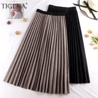 ✈ TIGENA Autumn Winter Midi Long Pleated Skirt Women Fashion 2021 Korean Casual Elastic High Waist Mid-length Skirt Female Ladies