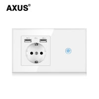 AXUS Light Touch Switch With EU Power Wall USB Sockets Black Wall Led Switches 123Gang 1Way Crystal Panel Dark Blue Backlight