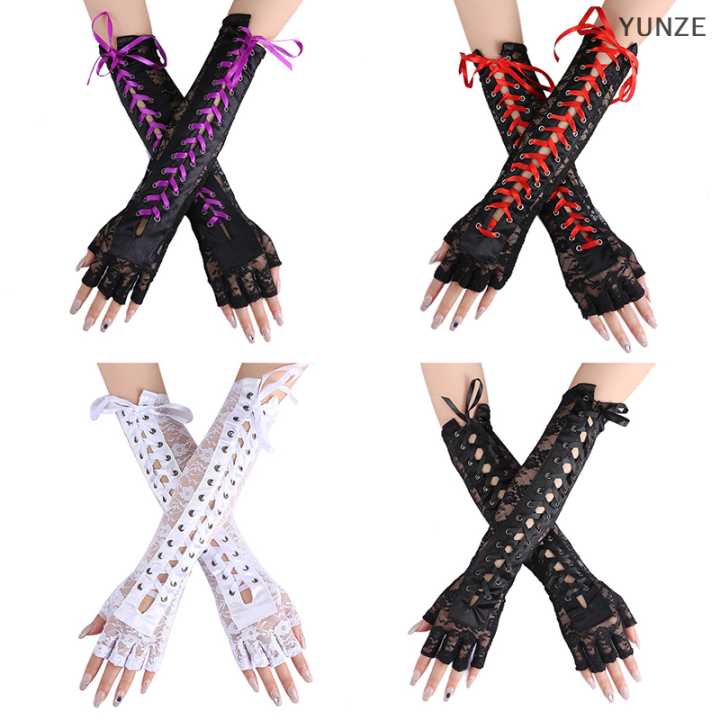 yunze-ถุงมือตาข่ายถักลูกไม้ลายดอกไม้เซ็กซี่ยาวถึงศอกครึ่งถุงมือแบบเปิดครึ่งนิ้วสีดำสำหรับงานปาร์ตี้เต้นรำถุงมือตาข่ายที่ไม่มีนิ้ว