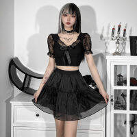 Gothic Lace Up Lolita กระโปรงสีดำชุดสตรีพัฟแขน Crop Tops ตาข่าย Patchwork เซ็กซี่ Mini กระโปรง2ชิ้น Sets