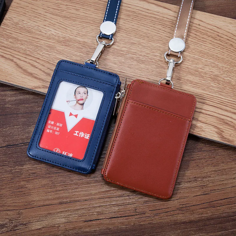 New Fashion ID Badge Holder For Office Work Genuine Leather Luxury Cowhide  Simple Neck Lanyard Vertical Identity Bus Card Bag