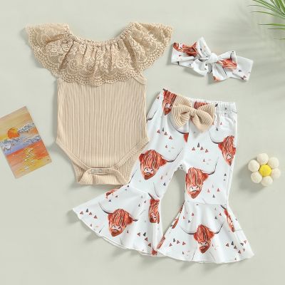 Newborn Infant Baby Girl Western Clothes Summer Outfit Lace Collar Sleeveless Tank Romper Flare Pants Headband