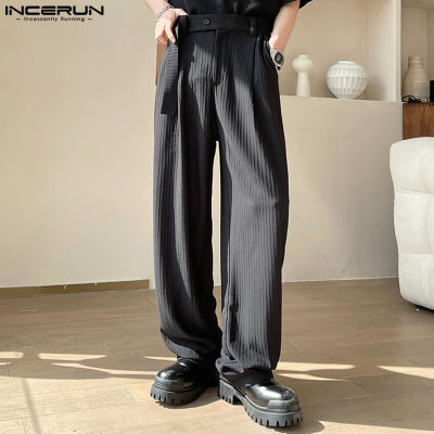 INCERUN กางเกงขายาวผู้ชายทรงตรงกางเกงขาม้าเรียบ,เนื้อผ้าสวมใส่สบาย (สไตล์เกาหลี)