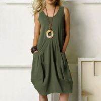 [COD] Cross-border new spring and summer 2023 amazon linen asymmetric hem pure easy round collar sleeveless dresses