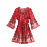 Vintage chic fashion women hippie floral print V-neck Bohemian mini dresses Summer ladies flare sleeve cotton beach Boho dress