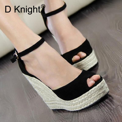 Fashion Women Summer Sandals Shoes Buckle Strap Leisure Platform Wedges Sandals Peep Toe Straw Wedges High Heel 9.510.5cm Shoes