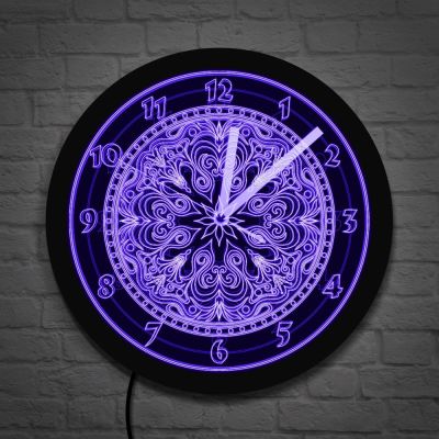 ใหม่ (สไตล์) นาฬิกาแบ็คดรอปเป่าลม LED ลายจักรวาลแบบแอบสแตกสัญลักษณ์พิธีกรรมศิลปะบนผนังดอกไม้ทันสมัยเงียบผนังนาฬิกา LED ไฟตกแต่งผนังนาฬิกานีออนติดผนัง