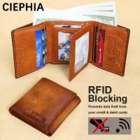 Mens Genuine Leather Trifold Wallet Folded ID Windows RFID Blocking Vintage Multi Function ID Credit Card Hold Money Bags Gifts