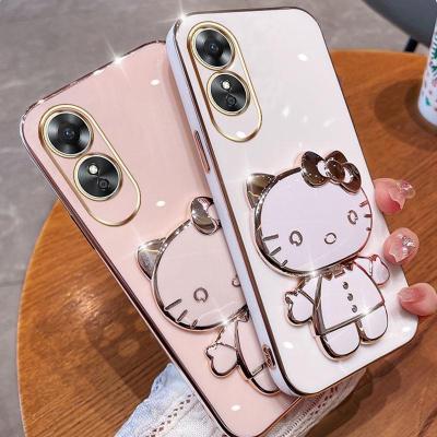 Folding Makeup Mirror Phone Case For OPPO A17 A17K Realme C33 2023 Realme C55  Case Fashion Cartoon Cute Cat Multifunctional Bracket Plating TPU Soft Cover Casing