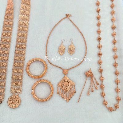 เครื่องประดับชุดไทย ชุดเซ็ท 7 ชิ้น พร้อมสร้อยสังวาลย์ สีนาค หนังหูแบบเจาะ สี pink gold