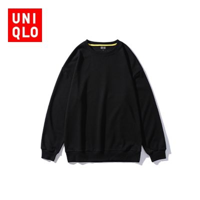 ✼♝ Uniqlo เสื้อกันหนาว คอกลม ทรงหลวม สีดํา สไตล์สปอร์ต สําหรับผู้ชาย และผู้หญิง