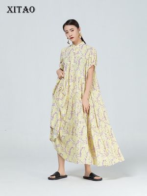 XITAO Dress Stand Collar Casual Women Loose Temperament Print Dress
