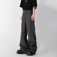 HOUZHOU Design Zipper Slit Men Trousers Techwear Straight Tube Casual Black Pants Wide Leg Darkwear Male Streetwear Hip Hop