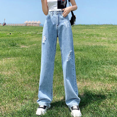 กางเกงยีนส์ขากว้างแบบมีรู Celana Jeans Harajuku รูของญี่ปุ่นกางเกงถูพื้นพิมพ์ลายตัวอักษรเอวสูง2023ฤดูใบไม้ร่วง