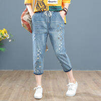 【มีไซส์ใหญ่】Plus Size Womens Cropped Jeans Vintage Floral Embroidery Denim 8/10 Pants