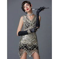 2023ฤดูร้อนใหม่ Vintage 1920S Flapper Great Gatsby ชุด V คอแขนกุดเลื่อม Fringe Party Midi ชุด Vestidos ผู้ใหญ่ขนาดใหญ่