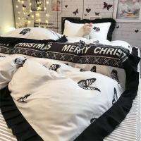 【Ready】? Cartoon explosive style black lace cute rabbit soft warm breathable brushed four-piece set homestay wind quilt cover three-piece set