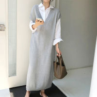 Chic Casual Winter Oversize Straight Sleeveless Sweater Dress for Women Thick Knit Long Dress Female Knitted Vest Weman Dress