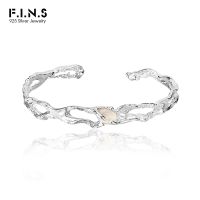 F.I.N.S Luxury S925 Sterling Silver White Agate Gemstone Bracelet Womens Hollow Irregular Texture Wrist Open Bangles Fine Jewel