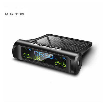 รถ USB พลังงานแสงอาทิตย์ชาร์จสมาร์ทนาฬิกาดิจิตอลปฏิทินเวลาอุณหภูมิจอแสดงผล LED รถยนต์อุปกรณ์ตกแต่งภายในเริ่มต้นอัตโนมัติ