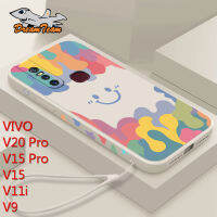 สำหรับ VIVO V20 Pro V15 Pro V9 1818 1819เคสโทรศัพท์ตัวการ์ตูนหน้ายิ้มน่ารักปลอกซิลิโคนเคสโทรศัพท์ซอฟท์ๆสไตล์ทีพียูฝ้าขอบตรง + สายคล้องสั้น