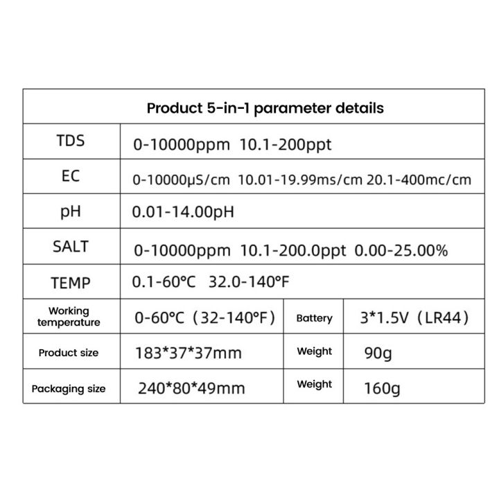 เครื่องทดสอบเกลือสระว่ายน้ำเครื่องวัดสารละลายดิจิตอลปัสสาวะสูง5-in-1เครื่องทดสอบความเค็ม-tds-ec-ph-slat-อุณหภูมิสำหรับน้ำเกลือ