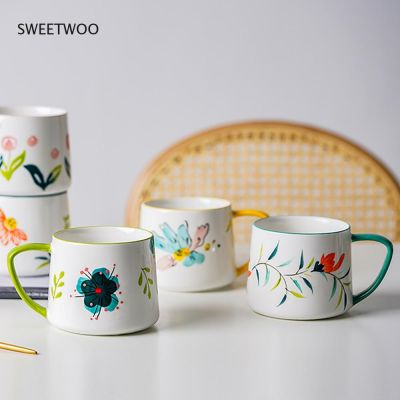 【High-end cups】320มิลลิลิตรน่ารักมือวาดดอกไม้เซรามิกถ้วยอาหารเช้าการ์ตูนแบบนมถ้วยกาแฟ Underglaze ถ้วยเซรามิกของขวัญครอบครัว