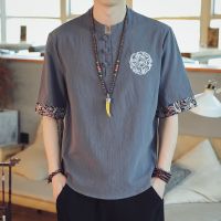 [COD] Chinese style buckle linen mens short-sleeved suit retro casual tops