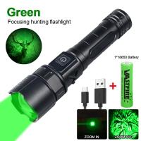 Green Flashlight Professional LED Zoomable Torch For Hunting USB Rechargeable Tactical Night Scout Light+Press Switch+Gun Clip