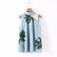 2019 new women elegant floral print casual smock blouses ladies sleeveless back bow tied chic shirts leisure chemise tops LS4074